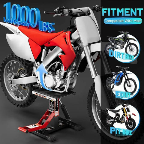 Beefy Dirt Bike Stand With 1000 Lb Hydraulic Lift Jack Hoist Table holding a red and white dirt bike, showing adjustable height.