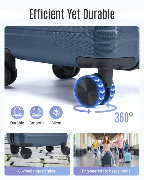 Close-up of Easy Glide Spinner Wheels on Durable 3 Piece Luggage Set Light Flight with TSA Lock, Lightweight Hard Shell ABS, Royal Blue