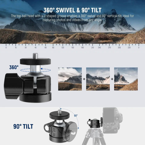 Budget Friendly Compact Mini Ball Head For Tripods And Mounts With One Quarter Inch Screw, 360 Swivel And 90 Tilt, image display