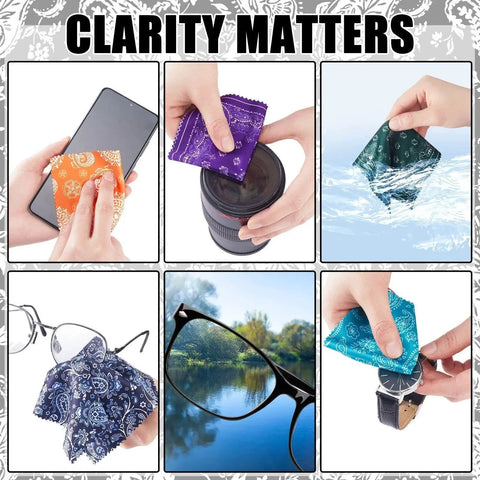 Six uses of Multicolor Microfiber Cloths For Glasses Lenses And Cameras With Mandala Pattern on different surfaces.