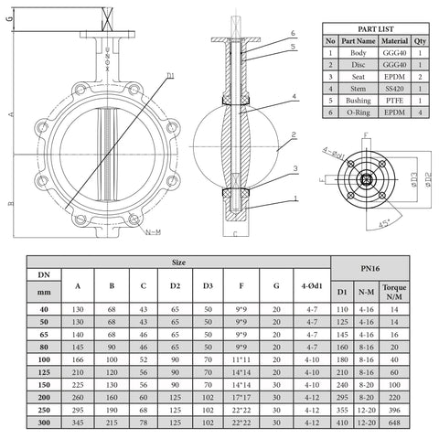 Lug-type butterfly valve drawing for DN100 4 in; cast iron body and disc, EPDM gasket, SS420 stem, PTFE bushing.