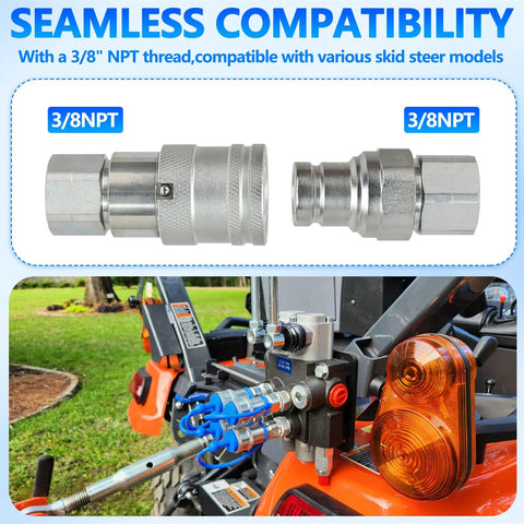 Cplbrb 3/8 NPT flat-face hydraulic quick-connect couplers, 2-pack with dust caps, silver metal finish