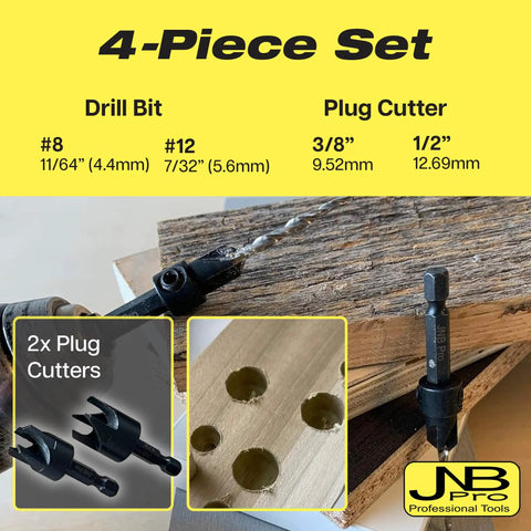 Pro Grade Woodworking Countersink And Plug Cutter Set With Adjustable HSS Drill Bits No 8 And No 12 shown with drilled holes and plug cutters.