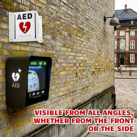 Outdoor installation showing 3D AED Projection Sign for Defibrillator Access Kigley Aluminum Panel Sign 5x6 Inches