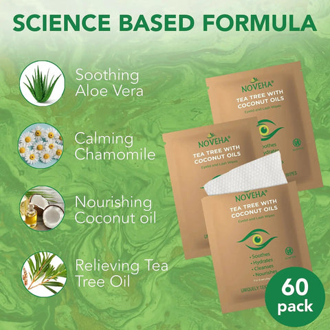 Tea Tree And Coconut Oil Eyelid And Lash Wipes Individually Wrapped For Demodex with soothing aloe vera and chamomile