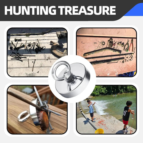 Neodymium Fishing Magnet 60mm 500lb Pull 65ft Rope For Lake Beach Lawn with treasure hunting scenes and close-up views.
