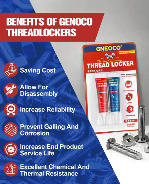 Packaging of Blue And Red Thread Locker Set 6ml Each Two Pack with benefits listed beside image; includes bolts and screws.