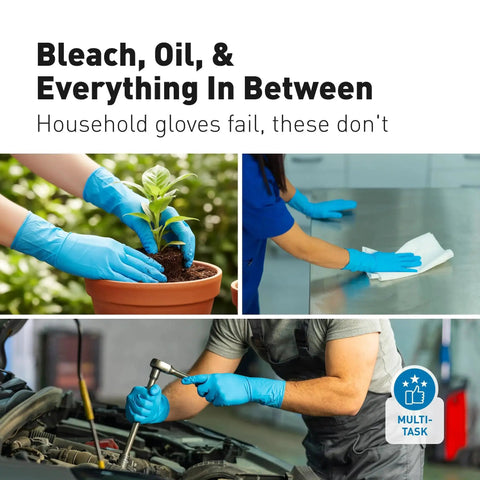 Three scenes of Nitrile Chemical Resistant Dish Gloves With Textured Grip And Extended Cuff used for gardening, cleaning, and car repair.