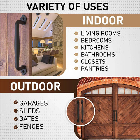 10 Inch Round Rustic Barn Door Handle In Black Steel Versatile Pull For Sliding Doors Gates Garages Sheds Fences Closets And Pantries Indoor And Outdoor Use With Easy Install Durable Black Powder Coated Finish For Weather Resistance And Smooth Operation shown in indoor and outdoor settings with examples of use.