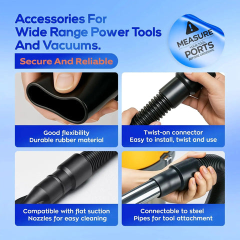 10 Ft Dust Collection Hose Kit For Power Tools And Shop Vacuums With 5 Fittings, showing flexible rubber hose details and connections.