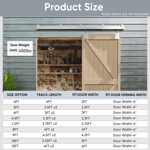 6 Foot Box Rail Barn Door Hardware Kit Heavy Duty Silver Sliding Track System on wall with barn door and chart