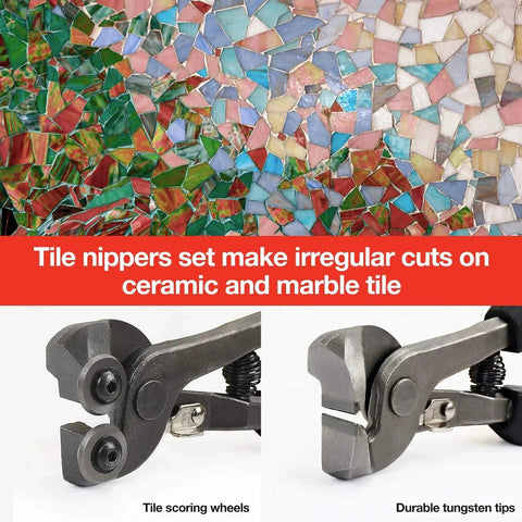 Two Piece Glass Tile Nippers Set With Heavy Duty Carbon Steel Nippers And Soft Grip Handles For Mosaic And Ceramic Tile Cutting Wheel Nipper Use By Goldblatt displayed with mosaic tiles.