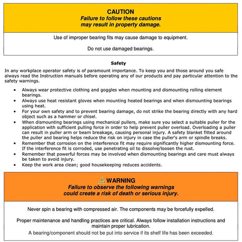 Instruction and safety warnings for bearings including caution about improper fits, safety gear advice, and handling guidelines.