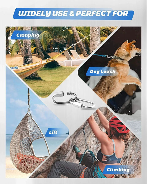 Image showing uses of 20 Pack Alloy M3.5 D Shape Locking Quick Links for camping, dog leash, lifting, and climbing.