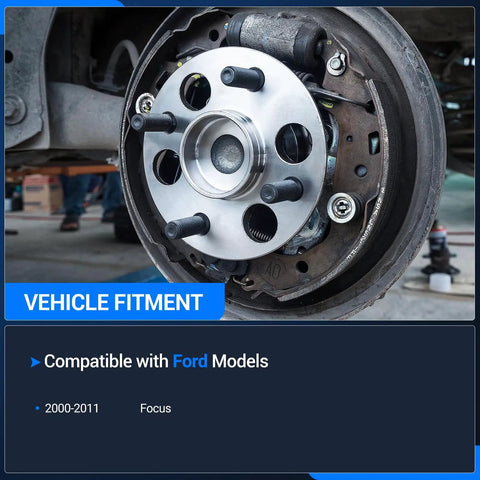 Front Wheel Bearing And Hub Assembly Set Of 2 For Ford Focus 2000 2011 installed, 4 lug front left and right compatible, close-up view.