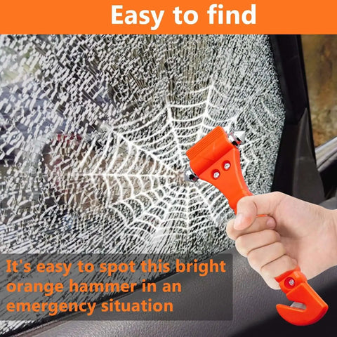 Person using 2 In 1 Car Window Breaker Hammer And Seat Belt Cutter Emergency Escape Tool For Auto Safety Two Pack High Carbon Steel Glass Breaker With Sharp Cutter Knife to break car window.