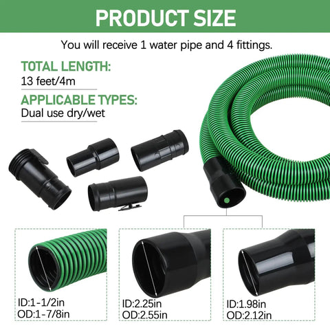 Hose Kit For 1-7/8 Inch Vacuums With Universal 2-1/2 Inch Adapters, 13 Foot Wet Dry Vacuum Hose With 6 Fittings, Black And Green