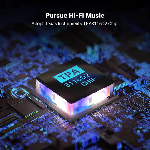 Close-up of Texas Instruments TPA3116D2 chip used in V1.0G 2 Channel Class D Mini Stereo Amplifier for high-fidelity audio.