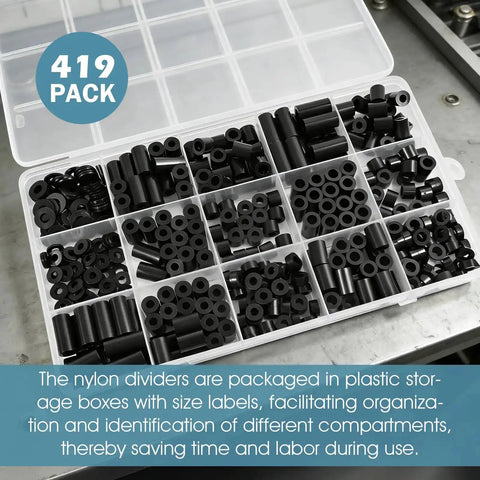 419 pack black nylon spacer kit in plastic storage box for PCB standoffs and electronics mounting non threaded round spacers