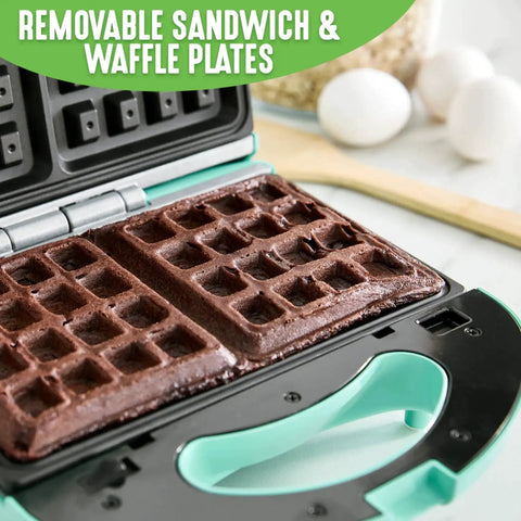 Electric Waffle Maker And Panini Press With Ceramic Nonstick Plates For Grilled Cheese And Tuna Melts, turquoise finish