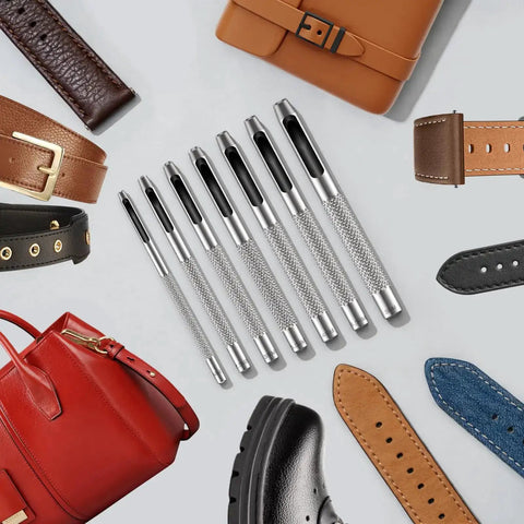 7 Piece Hollow Leather Hole Punch Set With Anti Slip Grip Round Punches for belts, watch bands, and leather accessories.