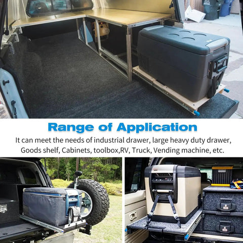 Heavy Duty Locking Drawer Slides With Full Extension Runners Side Mount Ball Bearing Rails Track Glides 250 Lbs 12 To 40 Inch Options 1 Pair Durable Steel For Smooth Quiet Operation And Reliable Drawer Support is shown installed in a vehicle cargo area with a heavy duty cooler on top, illustrating its use for secure storage in an industrial or RV setting.
