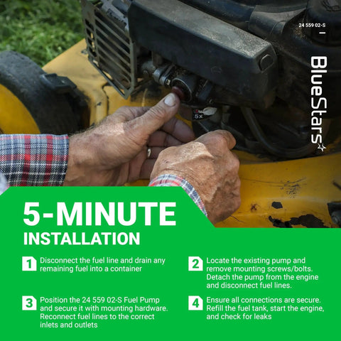 Person installing fuel pump on Kohler engine, step-by-step guide visible, outdoors.