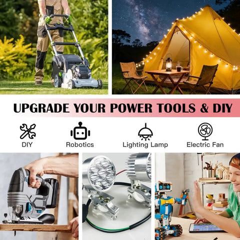 Collage of DIY and power tool uses for 2 Pack 12V Battery Adapter For Power Wheels With Switch, Fuse, 12AWG Wire, Wire Terminal