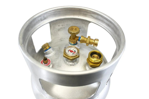 Top view of Aluminum 33.5 Lb Forklift Propane Tank With Integrated Gauge Durable Lightweight showing gauge and connections.