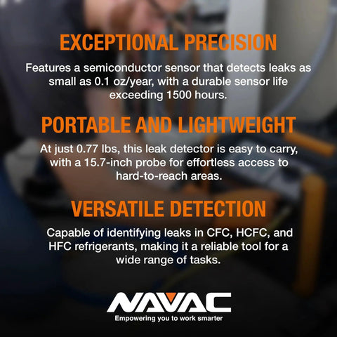 Image showing features of a Pro Grade Refrigerant Leak Detector with Semiconductor Sensor, Rechargeable Battery, NAVAC NML1 Portable Tool