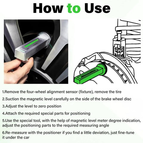 Universal Wheel Alignment Tool With Magnetic Camber Gauge being used on a car brake rotor for alignment.