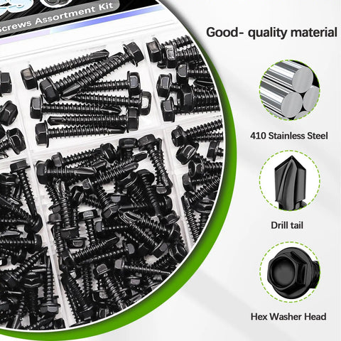 Self Tapping Screws Kit 300 Pieces In 410 Stainless Steel Black Zinc Hex Washer Head, contents displayed in box