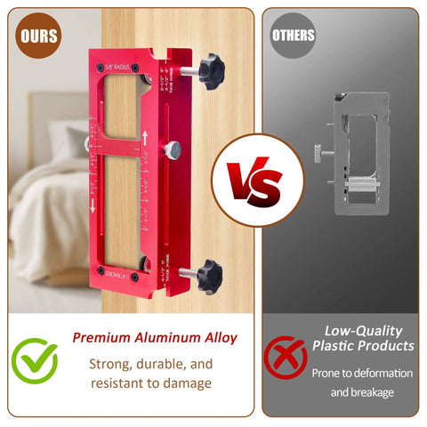 Pro Grade Premium Aluminum Door Hinge Jig For Routers Handy Templates That Fit Hinges From Two And A Half To Five Inches Includes Square And Radius One Quarter Inch And Five Eighths Inch Radii Durable 6061 Aluminum Alloy Anodized Finish shown attached to a door