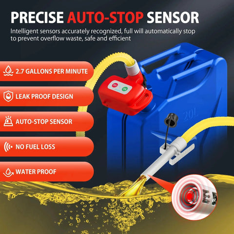 Rechargeable Fuel Transfer Pump With Auto Stop And Leak Protection, 3.4 GPM Automatic Gas Can Pump attached to blue gas can