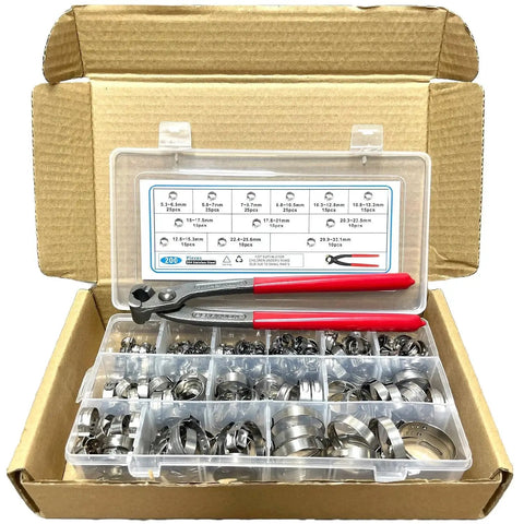 All Purpose Hose Clamp Kit With Pincers Crimper Tool 200 Pcs 304 Stainless Steel Stepless Single Ear 5 To 33mm