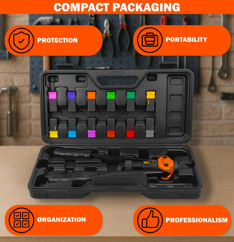 Heavy Duty Rivet Nut Tool Kit With 16 Inch Rivet Gun Including 12 Interchangeable Mandrels And 200 Rivet Nuts For Metal Wood Auto Projects Rugged Carry Case Labor Saving Hand Riveter in open case on workbench
