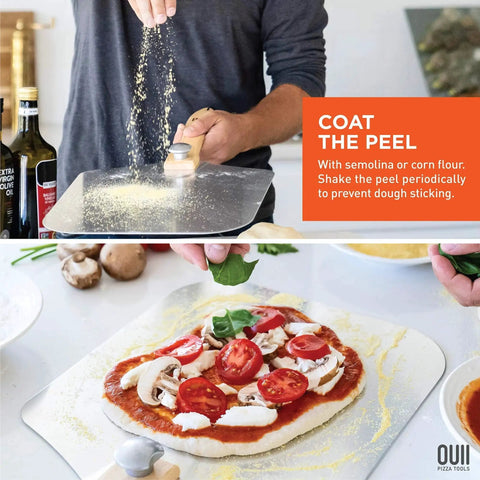 Person using Heavy Duty Aluminum Pizza Peel 12 By 14 Inch With Foldable Wood Handle Extends To 25 Inches For Oven Baking Pizza Bread Pastry Dough Cake Spatula OUII to sprinkle flour on pizza peel and prepare tomato and mushroom pizza.