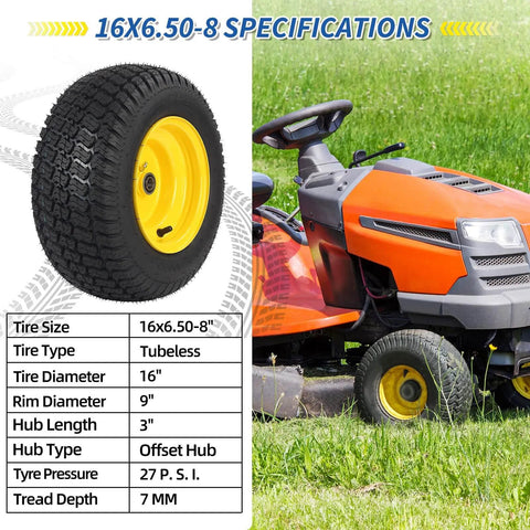 Beefy Tubeless 16X6.50-8 Lawn Mower Tires With Wheels Front Wheel Set for Riding Mowers and Garden Tractors shown next to lawn mower.