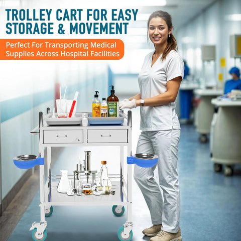 Improved Medical Stainless Steel Two Tier Rolling Cart With Wheels And Drawers for hospital use, shown in a clinical setting.