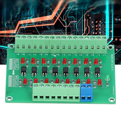 Eight Channel Optical Isolation Module 24V to 5V Optocoupler PLC Signal Converter Board, front view with circuit background.