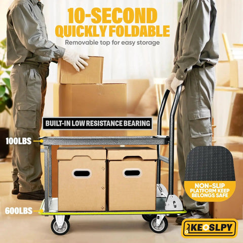 Upgraded 700 Lbs Capacity Push Cart Dolly With Foldable Platform Two Tier Heavy Duty Flatbed Cart loaded with boxes