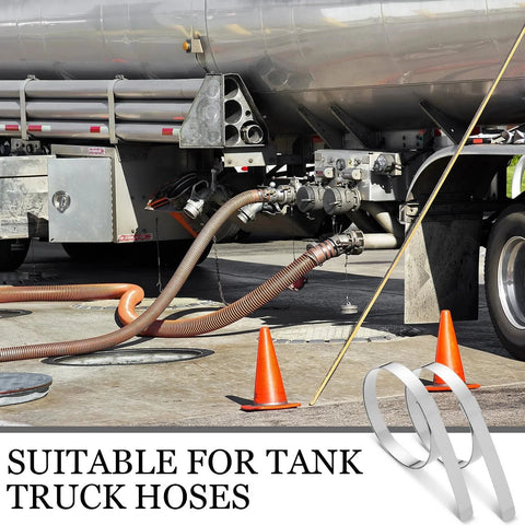 Tank truck with hoses and text 'Suitable for tank truck hoses'. 25 Pack Center Punch Hose Clamps Five Eighth Inch Wide Four Inch Diameter 0.025 Inch Thick 201 Stainless Steel Preformed Band Clamps For Hose Ducting Pipes Cable Management And More displayed in bottom corner.