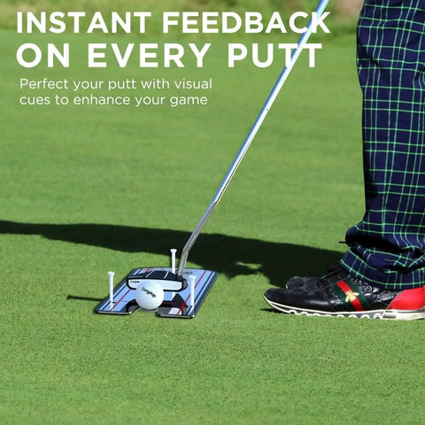 Golfer using Classic Golf Putting Mirror For Alignment And Consistency Training On The Go Portable 12 By 6 Inch Practice Mirror with tees on grass