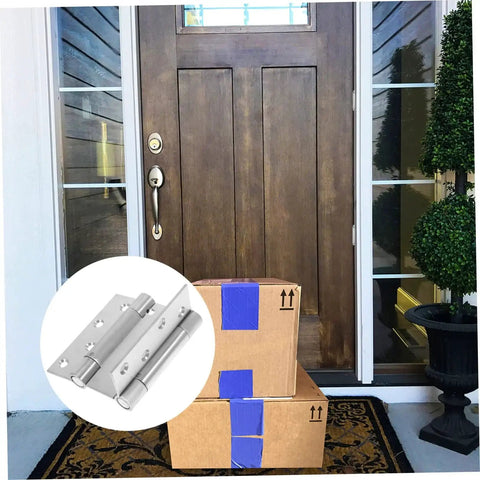 Double Opening Spring Hinges Self Closing Door Hardware in front of a storm door, showing weatherproof design and durability.