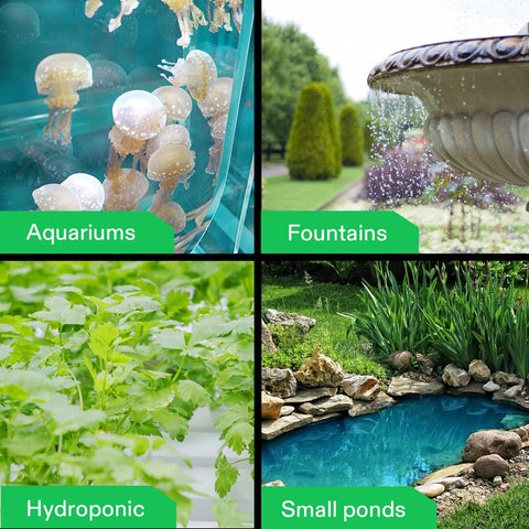 VIVOSUN 210GPH submersible pump collage for aquariums, fountains, hydroponics, and small ponds