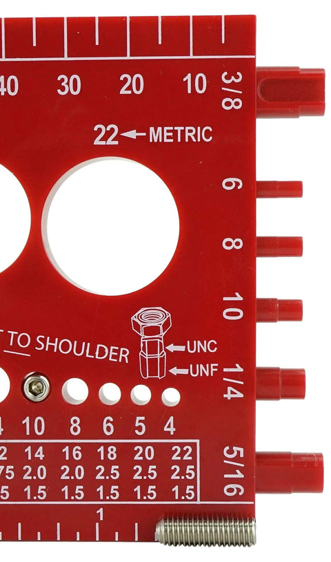 Red measuring tool with metric and UNC/UNF thread sizing holes, marked in white. Used for identifying thread sizes in bolts and screws.