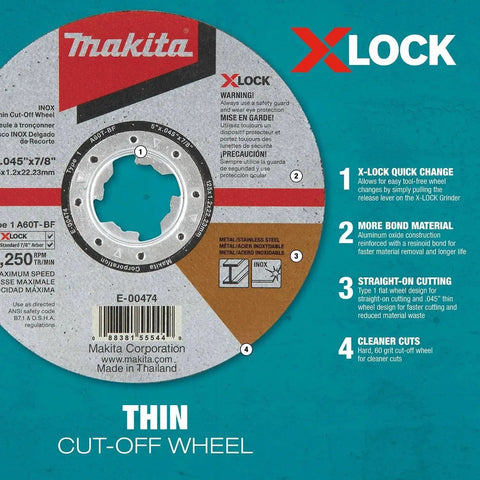 X-Lock Quick Change Four And One Half Inch Thin Cut Off Wheel 60 Grit Aluminum Oxide For Metal And Stainless Steel Cutting Up To 5X Faster Wheel Changes With Tool Free Release Seven Eighths Inch Arbor Makita Compatible, showing front view with product features and brand label.