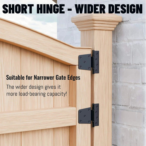 3.5 Inch Heavy Duty Gate Hinges With Extra Thick Straps For Wood Fence Barn Doors And Sheds 60 Lb Capacity 2 Pack Black installed on gate