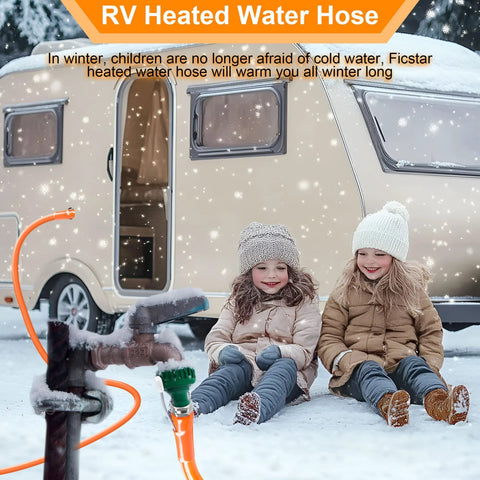 Ficstar 20ft heated RV water hose, orange 5/8 in ID with 3/4 in GHT adapter, self-regulating.