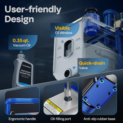 VIVOHOME HVAC vacuum pump with sparkless motor, oil window, oil bottle, and ergonomic blue handle